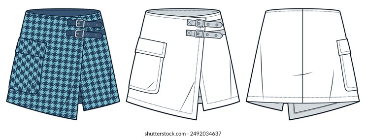 Wrap mini Skirt technical fashion illustration, houndstooth pattern. Buckled Skirt fashion flat technical drawing template, pocket, front and back view, white, blue, women, men, unisex CAD mockup set.