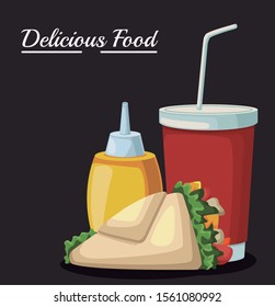wrap with mustard sauce bottle and soft drink cup over black background, colorful design , vector illustration