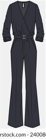 WRAP OVER JUMPSUIT PLAYSUIT WITH FIT AND FLARE DETAIL DESIGNED FOR WOMEN AND YOUNG WOMEN IN VECTOR ILLUSTRATION FILE