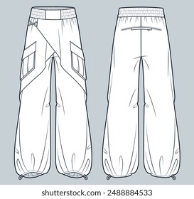 Wrap Pants fashion flat technical drawing template. Wide Leg Pants technical fashion Illustration, pocket, drawstring bottom, pockets, oversize, front, back view, white, women, men, unisex CAD mockup.