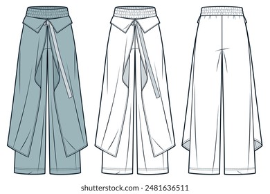 Wrap Pants technical fashion Illustration. Wide Leg Pants fashion flat technical drawing template, relaxed fit, elastic waistband, front and back view, white, green, women, men, unisex CAD mockup set.