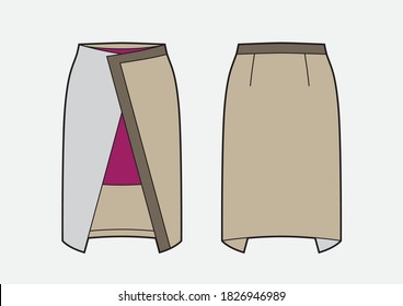 Envolver el borde del lápiz con inserción pleada. Moda Ilustración, dibujo técnico