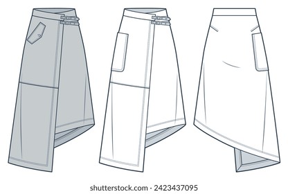 Wrap Skirt technical fashion illustration. Asymmetric Skirt fashion flat technical drawing template, midi lengths, A-line, buckled, pocket, front and back view, white, grey, women CAD mockup set.