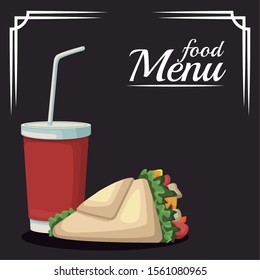 wrap and soft drink cup over black background, food menu colorful design , vector illustration