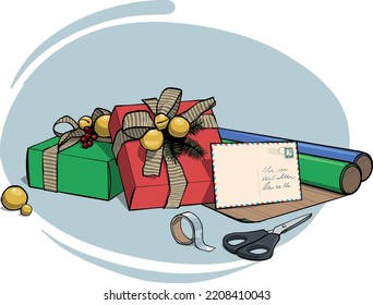 wrap some beautiful gifts at christmas eve with wrapping paper scissors and tape, write a postcard letter