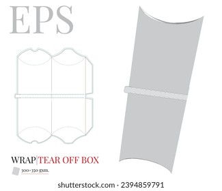 Wrap Tear Off Box die cut template, vector with die cut and laser cut layers. White clear blank Wrap Tear Off Box mock up isolated on white background with perspective presentation, illustration.