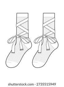 Wraparound Lace Ribbon Socks Technical Fashion Illustration. Soft Ballet Inspired Ankle Tie Hosiery. Feminine Streetwear Legwear CAD Vector.