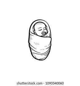 Wraped infant hand drawn outline doodle icon. Newborn baby infant with pacifier and swaddled hands vector sketch illustration for print, web, mobile and infographics isolated on white background.
