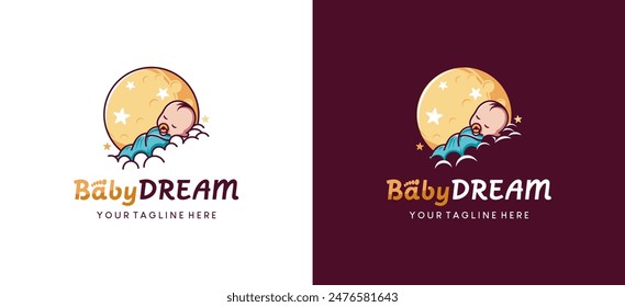 Wrapped baby logo design template sleeping in clouds with moon background