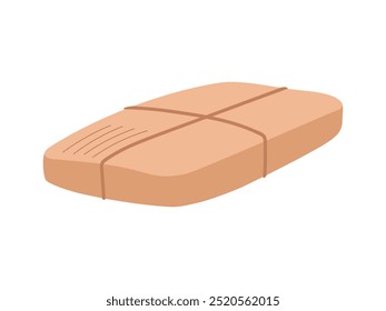 A wrapped beige soap bar sits on a flat surface with visible lines and twine at mid-morning