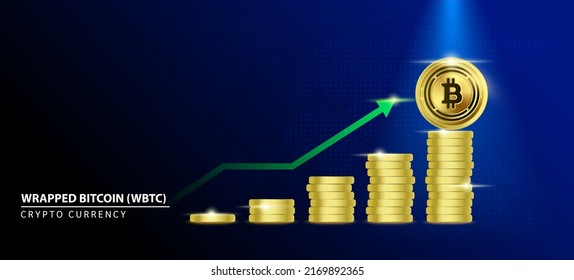 Wrapped Bitcoin (WBTC) Coin crypto on blue background. Stablecoin blockchain token price increase from pile of gold coins.There is space to enter message. Nice for cryptocurrency digital money concept