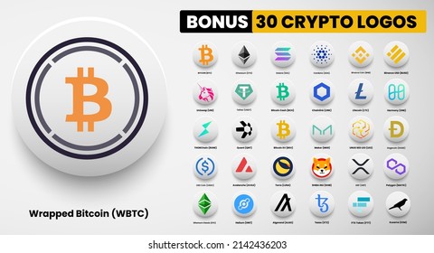 Wrapped Bitcoin WBTC crypto logo symbols of cryptocurrency. Set of Bitcoin, Ethereum, Solana, Binance Coin, Binance USD, litecoin,avalanche, chainlink, maker, dogecoin, USD Coin, Shiba Inu and Polygon