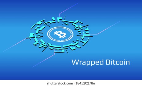 Wrapped Bitcoin WBTC isometric token symbol of the DeFi project in digital circle on blue background. Cryptocurrency icon. Decentralized finance programs. Vector illustration for website or banner.