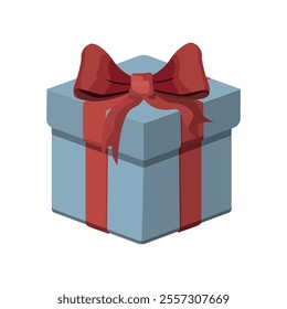 Wrapped blue present box with red ribbon. Vector illustration on white background. Presentation box, tied with wrapping ribbon.