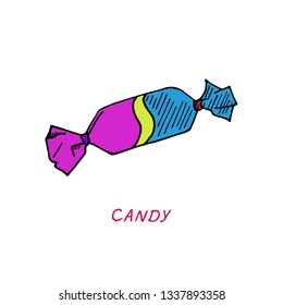 Wrapped blue purple candy drawing, vintage illustration style, hand drawn doodle, sketch, vector with inscription