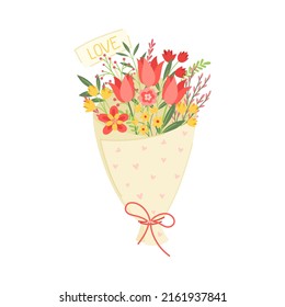 Wrapped Bouquet of Blooming Flowers as Gift for Valentines Day Vector Illustration