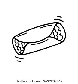 Wrapped burrito with filling peeking out. Fun doodle vector with black outline. Ideal for Mexican food menu, cafe design, or recipe visuals.