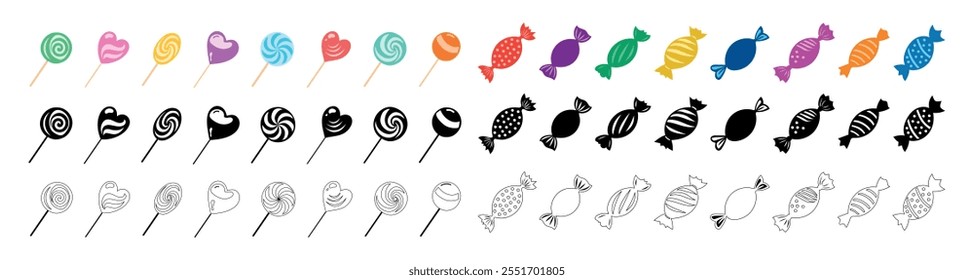 Wrapped Candies and Lollipops Big Collection isolated on White Background. Black silhouettes, outlines, and colored versions. Concept of Sweet Treats, Confectionery, Minimalist style. Design Elements.