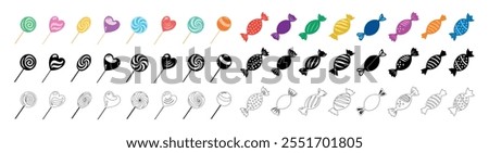 Wrapped Candies and Lollipops Big Collection isolated on White Background. Black silhouettes, outlines, and colored versions. Concept of Sweet Treats, Confectionery, Minimalist style. Design Elements.