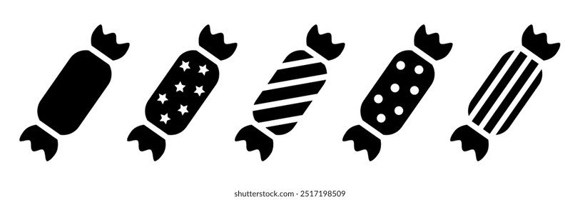 Eingewickelte Süßigkeiten schwarze Silhouette Symbole, einzeln auf weiß. Karamelllbonbons in Packung mit Streifen, Tupfen und Sternen. Vektorgrafik und PNG-Clipart, Zeichen oder Logo mit minimalistischem Design, Schablone.