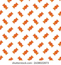 Wrapped Candy in bright colors seamless pattern. Doodle sweet treat for holiday themes. Orange, yellow and red stripes. Repeating Candy image perfect for Valentine or Candy artwork, wrapping paper.