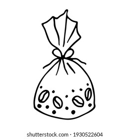 Caramelos envueltos con granos de café. Dibujado con contorno en estilo doodle. Ilustración vectorial.