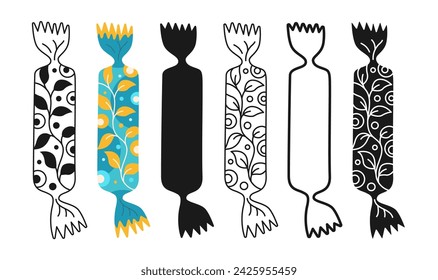 Wrapped candy with doodle ornament. Cartoon symbol bonbon, stamp lollipop, contour or line doodle sweets snack design set. Tasty sugar dessert childish food, wrapped caramel candy vector illustration