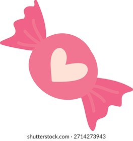 Doces envoltos com um emblema de coração e extremidades torcidas, forma limpa com sombreamento suave. Símbolo de amor, doçura, afeto e doação de presente para romance e marketing de férias. Ilustração de vetor de desenhos animados.