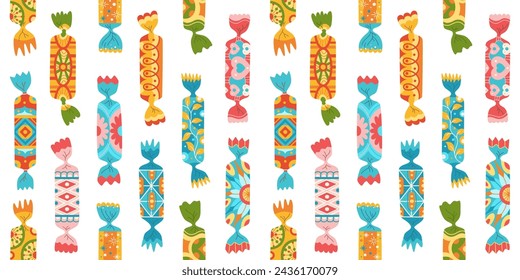 Wrapped candy with ornament seamless pattern. Caramel bonbon lollipop trendy boundless background. Cartoon doodle sweets snack endless design for paper print, fabric textile, wrapper backdrop template