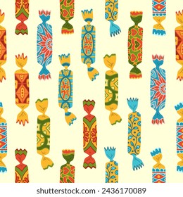 Wrapped candy seamless pattern. Caramel bonbon lollipop with ornament boundless background. Cartoon doodle sweets hand drawn endless design for paper print, fabric textile, wrapper backdrop template