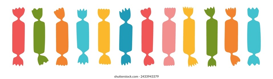 Eingewickelte Süßigkeiten Silhouette Symbol. Karamelll Bonbon Lolli Schokolade, Kontur Design Süßigkeiten Snack-Set. Leckeres Zucker Dessert Essen Kinderfeier. Verpackte Form Süßigkeit mehrfarbige Vektor-Illustration