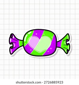 Eingewickelter Bonbon-Aufkleber, der ein spielerisch gestreiftes Design in lebendigen Grün- und Purpurtönen zeigt, mit einem hellrosa Herzumriss in der Mitte, auf subtilem Gitterhintergrund