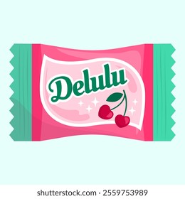 Wrapped cherry flavor candy as metaphor for delulu or delusional: feelings, moods and emotions concept