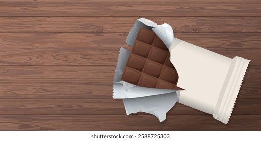 Wrapped chocolate bar was unwrapped and there was a chocolate bar inside placed on wooden table top view graphic illustration have blank space.