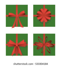 Wrapped Christmas Or Birthday Gift Box Ribbon Bows With Tails Vector Isolated Illustration Realistic Design Set Top View 