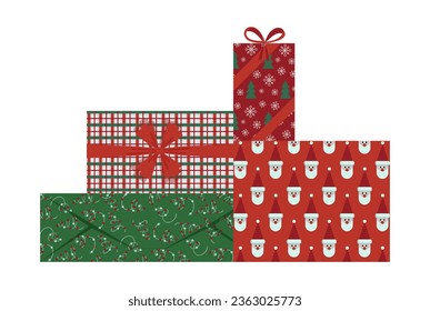 Cajas de regalo de Navidad envueltas. Cajas de regalo de Navidad con cintas, arcos, papel de envoltura verde y rojo. Para tarjetas de felicitación, banners, ilustraciones web, iconos o logotipos. Ilustración del vector EPS 10