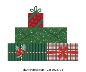 Wrapped Christmas gift boxes. Christmas present boxes with ribbons, bows, green and red wrapping papers. For greeting cards, banners, web illustrations, icons, or logos. Vector illustration EPS 10