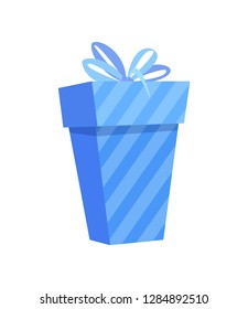 Wrapped Christmas present 3D icon, vector gift box isolated on white. Surprise in blue wrapping with stripes decorated by bow, New Year package with ribbon