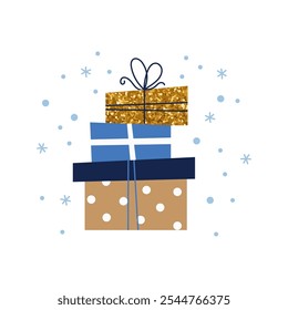 Wrapped Christmas presents, elegant minimalist style, festive vector design template in blue and gold