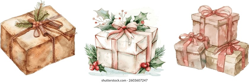 Wrapped Christmas Presents Watercolor Illustration — Hand-Painted Holiday Gift Boxes for Greeting Cards and Seasonal Designs

