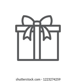 Wrapped closed gift box decorated with ribbon and bow pixel perfect icon with editable stroke isolated on white background. Line symbol of present for congratulation concept.