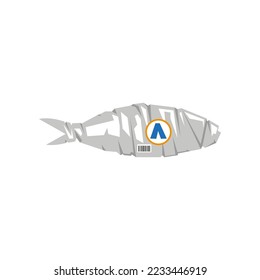 Wrapped fish cartoon illustration. Wrapped fish. Fishery, marine industry, transportation, factory concept