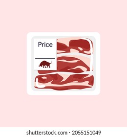 Wrapped fresh organic raw meat in package, fresh meat vector, raw meat vector, meat package, price label on wrapped package, raw pork and fat, organic foods, food poster, pork wrapped in package.