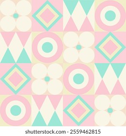 Wrapped of geometric pink blue mint on cream beige theme. Seamless pattern. Bohemian retro style. Vector.