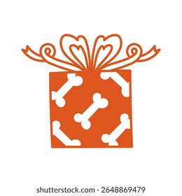 Wrapped Gift with Bones and Bow. Cute square Christmas Present box for dog lover. Pet Surprise art. Vector illustration