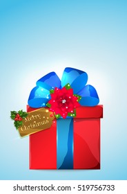 Wrapped gift box with big satin bow and tag.