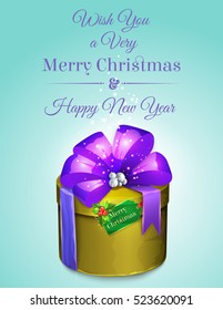 Wrapped gift box with big satin bow and tag.
