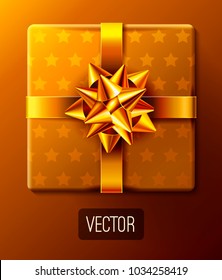 Wrapped gift box decorated with ribbon and decorative gift bow. Wrapping gold present and vintage decoration for holidays designs. Stars pattern. Top view. Realistic vector illustration. EPS 10