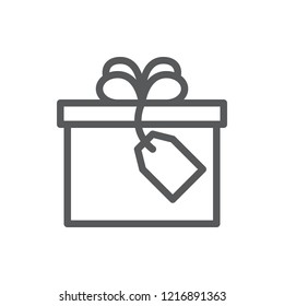 Wrapped gift box decorated with ribbon and bow with sign label pixel perfect line icon with editable stroke isolated on white background - outline symbol of present for congratulation concept.