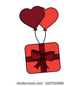 wrapped gift box flying with balloons heart romantic